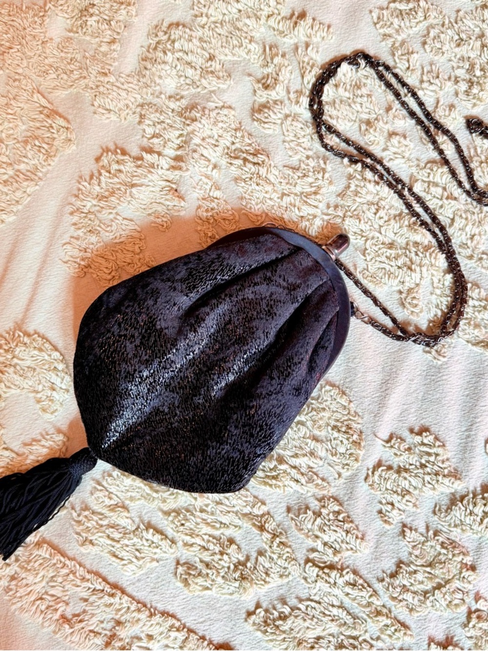 Inge Christopher Black Velvet Tassel Evening Bag with Chain Strap